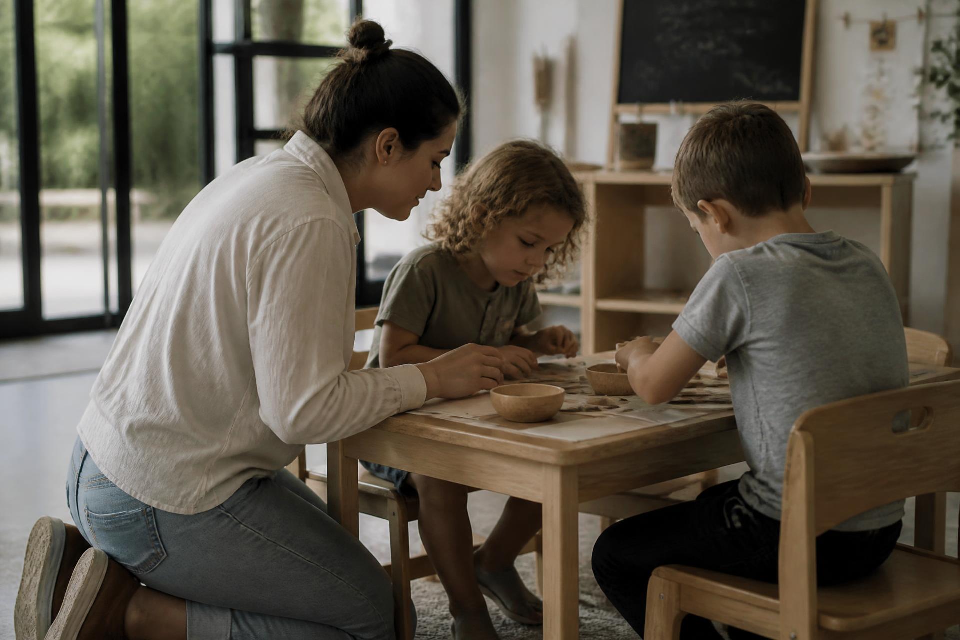 An early childhood educator working alongside two young children at a table in an Australian learning environment